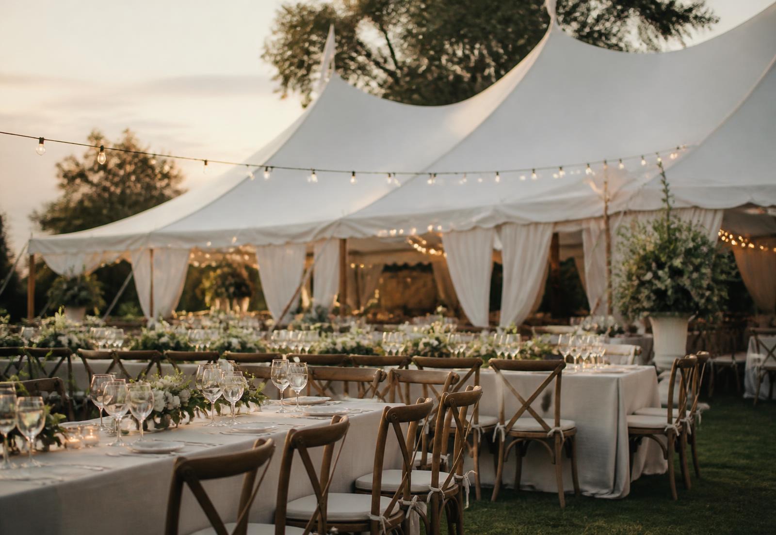 Marquee tent with linen tables and wooden chairs set for an evening event